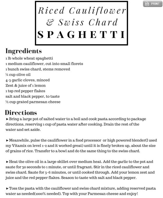 Riced Cauliflower & Swiss Chard Spaghetti CSA Recipe